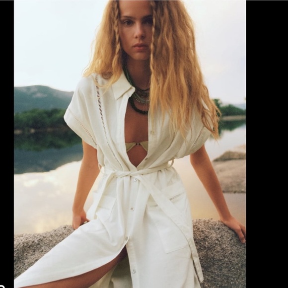 Zara White Linen Blend Lace Insert Dress Size XS - Picture 3 of 7